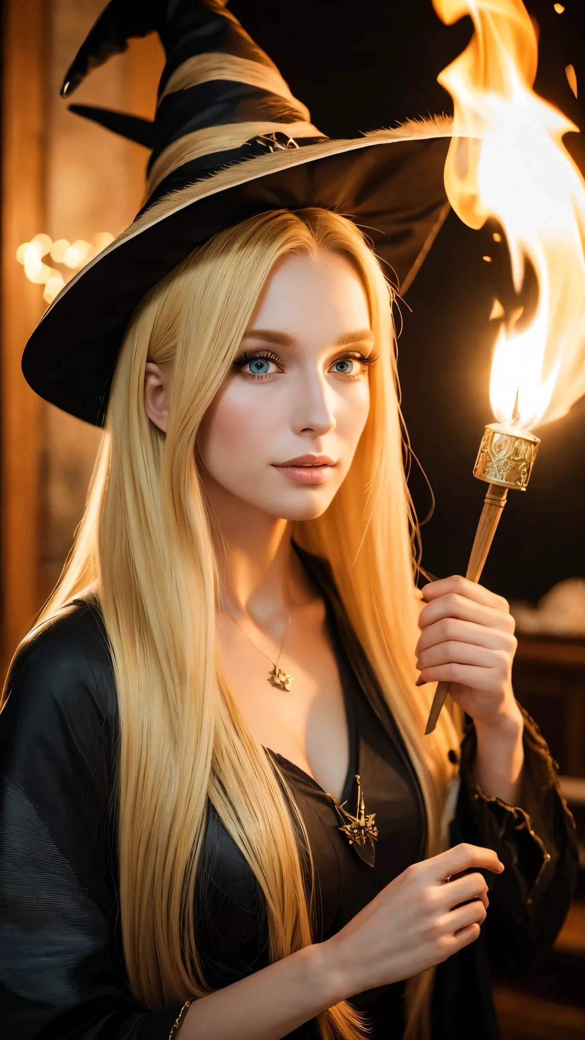 masterpiece, Highest quality, (Beautiful Face: 1.1), (Realistic: 1.5) (Blonde Witch, Marisha Becker, 30-year-old woman, Fire Magic: 1.3), Upper Body