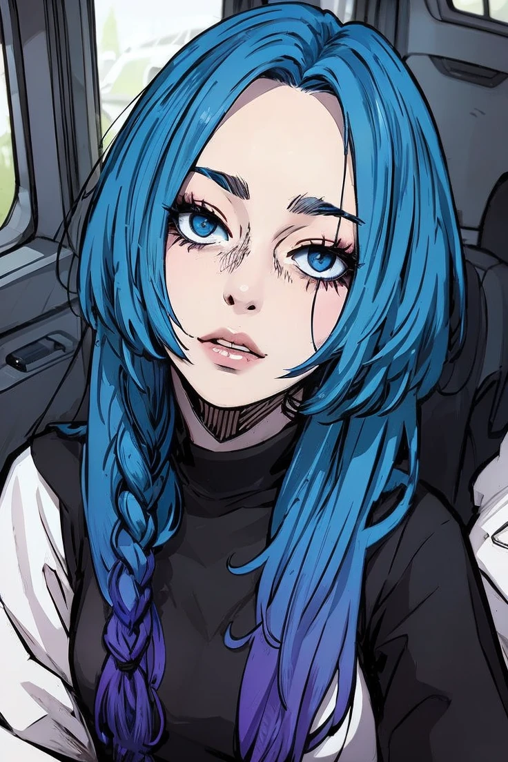 Portrait of woman with blue hair with purple highlights on the ends sitting in a van
