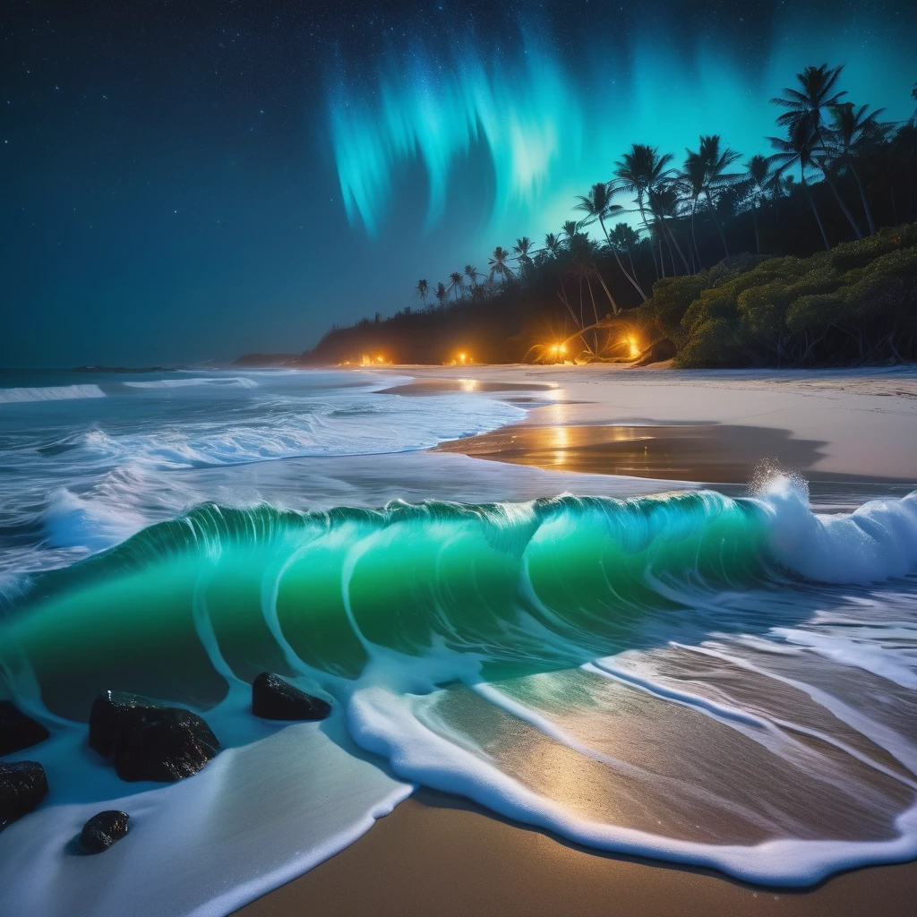 Bioluminescent waves crashing onto a sandy beach at night, enchanting scene with vivid colors and gentle movement, starlit sky adds to the magical ambiance, intricate details in the waves' glow and shoreline, dreamy surrealism captured with high-resolution quality, cinematic aesthetic, raw capture of the ethereal moment with a touch of fantasy, beachscape illuminated in an otherworldly light, painterly tones and brush strokes in an oil painting style, shot with a Fujifilm XT3 and Plaubel Makina