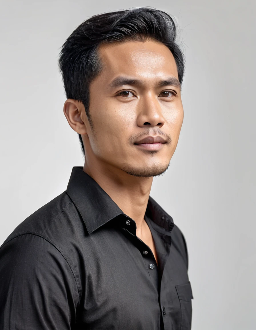 (High quality, 4K, HDR) A handsome Indonesian man, 30 years old, with short hair, wearing a black shirt, facing left side, looking straight. (white background), (realistic, super detail)
