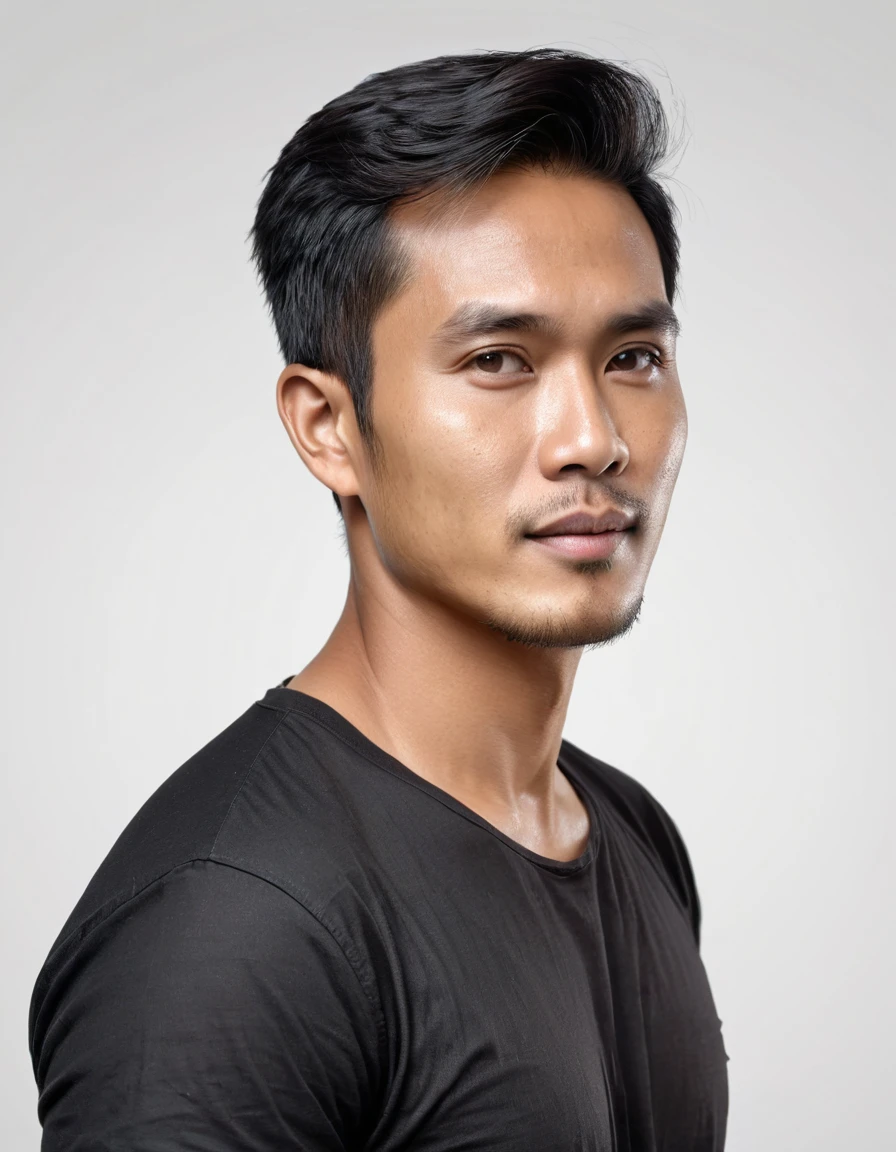 (High quality, 4K, HDR) A handsome Indonesian man, 30 years old, with short hair, wearing a black shirt, facing left side, looking straight. (white background), (realistic, super detail)