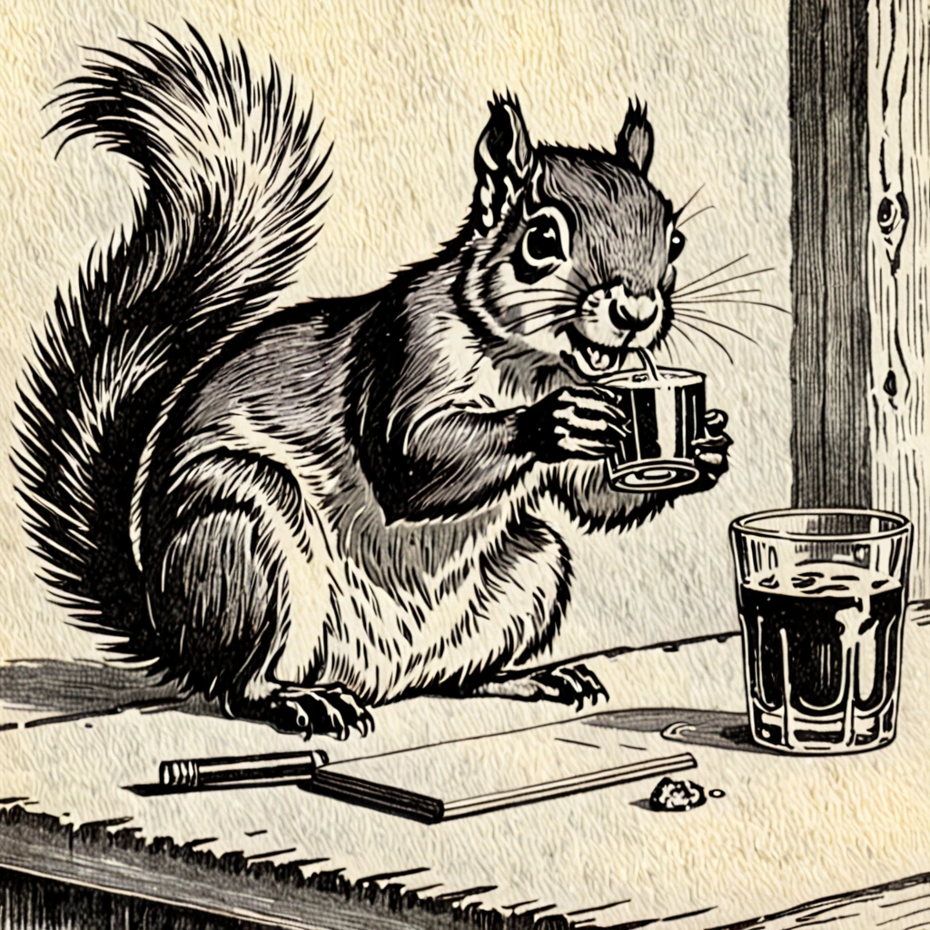 Squirrel, drunk, drinking Rum, vintage, pencil draw, wasted