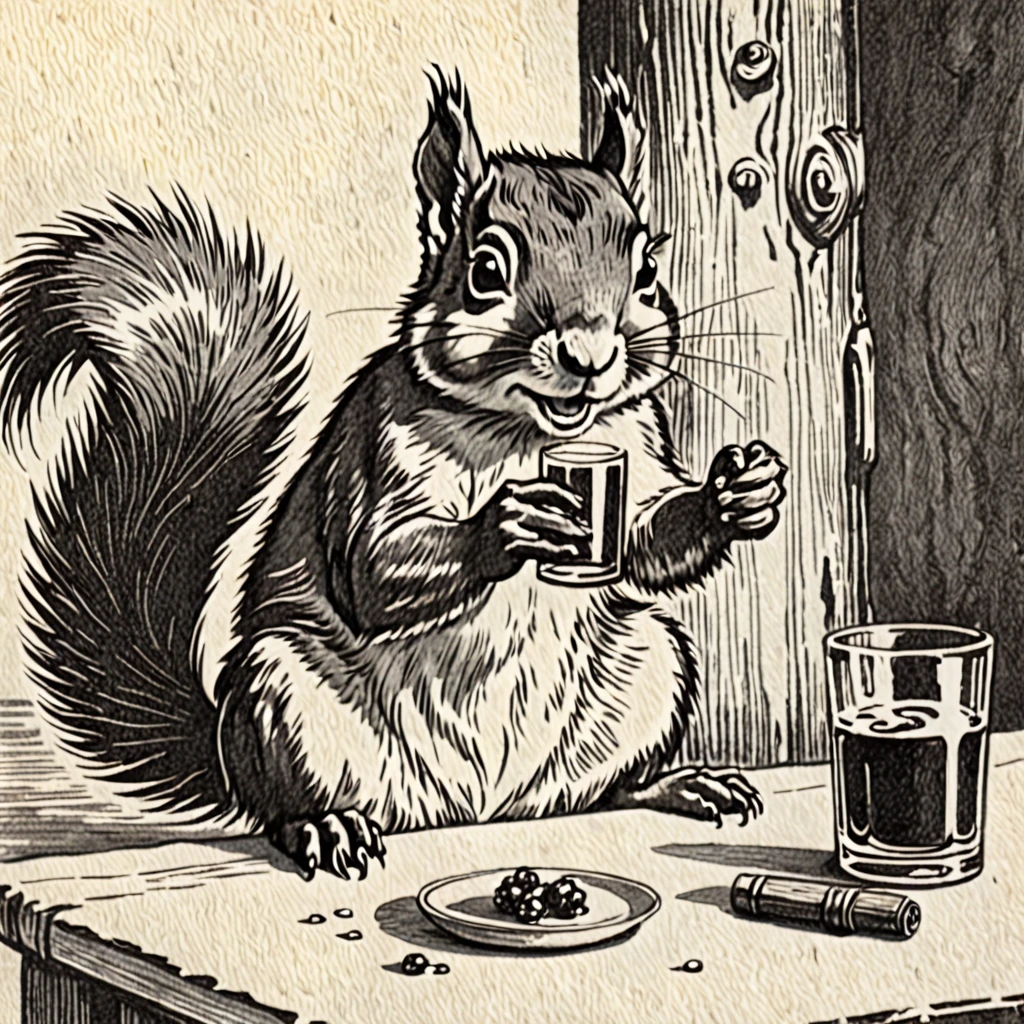 Squirrel, drunk, drinking Rum, vintage, pencil draw, wasted