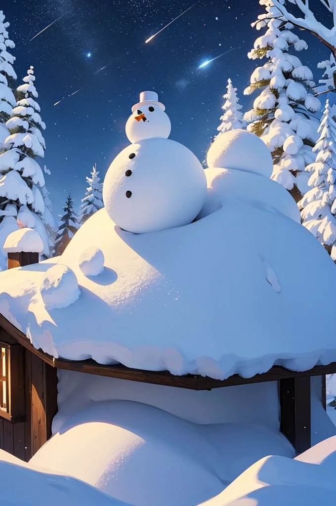 "A hand-drawn illustration of a winter wonderland scene, featuring snow-covered trees, a cozy cabin with smoke coming from the chimney, and a family making a snowman. The sky is clear with twinkling stars."