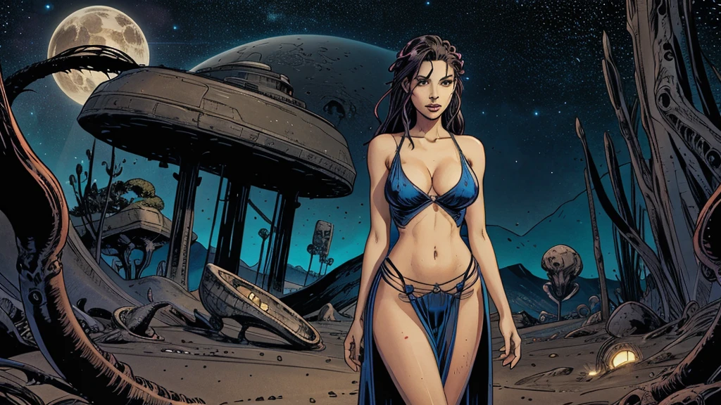 alien landscape with giant monsters, the foreground, a sexy girl with slender hips, slender hips, slender hips,medium breasts, in a long sheer gown cut in slits up to her hips, low cut between her breasts to her navel, long flowing hair, cleavage, brightly colored monsters, tentacled beasts, dinosaurs, very bright contrasting colors, bright colors, she is a goddess, a goddess,