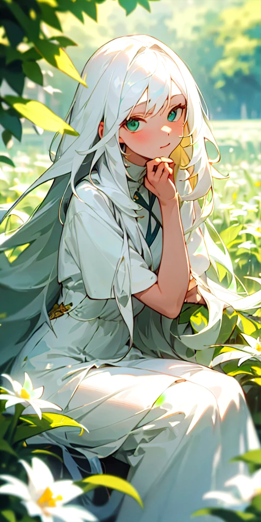 (masterpiece, best quality),1girl with long white hair sitting in a field of green plants and flowers, her hand under her chin, warm lighting, white dress, blurry foreground