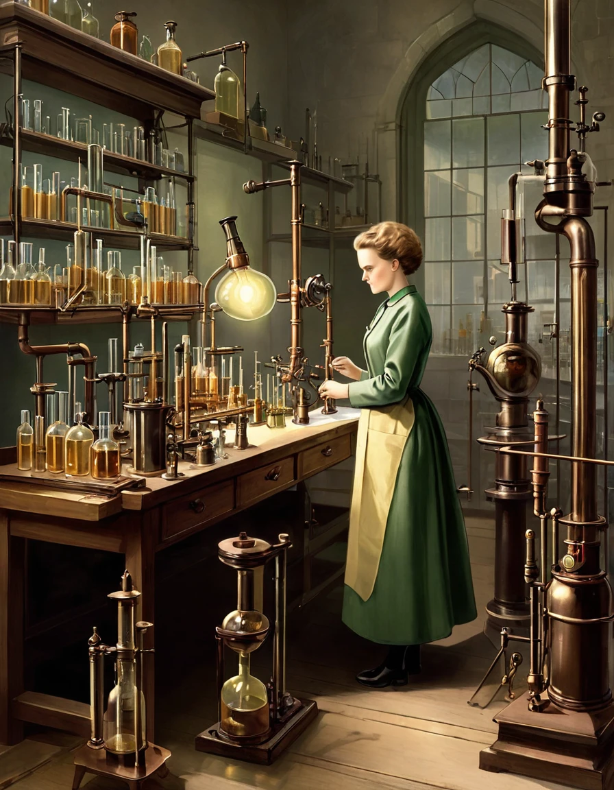 Marie Curie concentrating on performing experiments with test tubes and laboratory equipment, with meticulous details of its period clothing and scientific atmosphere. His laboratory is shown full of period instruments.