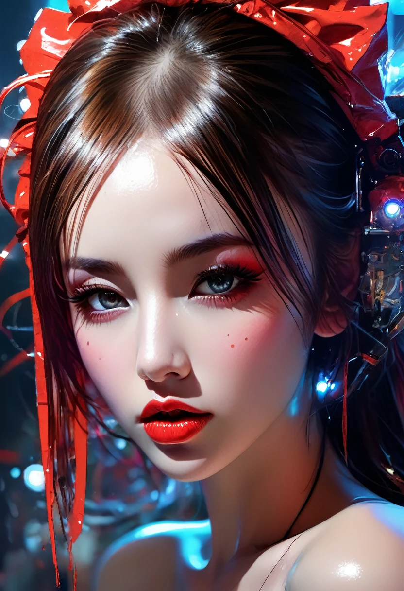 Design sophisticated digital artwork。, futuristic femme fatale,Sexy girl in Santa costume、 reflective glass glass and smooth, high tech texture, balls of light、Centered, Approaching perfection, Dynamic, Highly detailed, art  stations, Concept art, sleeoing,flowingwater、 Sharp Focus, Illustration, art by carne griffiths and wadim kashin, graffiti airbrush techniques, High Definition, Accent Lighting, Contrast with bright paint colors、Deep Depth Of Field、masutepiece、highcontrast、ultra-detailliert、deep stare, hard gaze, seducing, alluring, decadent