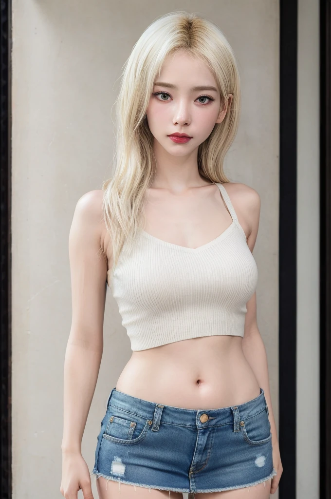 Best quality, 8k, perfect lighting, masterpiece, ultra high res, (photorealistic:1.4), raw photo,1girl, solo, realistic, looking at viewer, full body, night, aurora sky, detailed oily skin, red lips, closed mouth, Mini short jeans skirt, grey seamless ribbed cami top with shoulder straps, size small, Huge breasts, Erect nipples, exposed belly bottom, masterpiece, best quality, highly detailed, ultra high res, (photorealistic:1.8), unreal_engine, photograph, realistic_skin_texture, rialistic photo、Real Images、Top image quality、​masterpiece, white skin color, gold hair, full body standing, outdoor, Main Street, Scrawny:1.7,