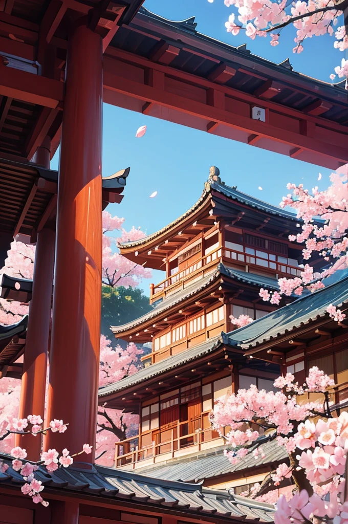 "A serene, hand-drawn illustration of a Japanese pagoda surrounded by cherry blossoms in full bloom. The scene includes delicate details of the pagoda's architecture and the soft petals of the cherry blossoms."