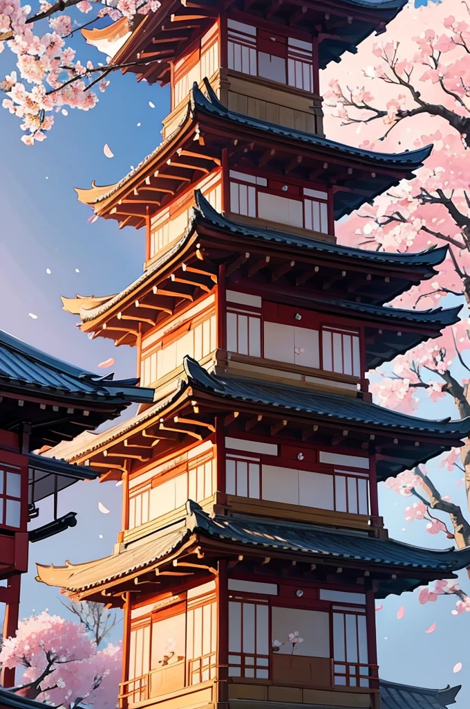 "A serene, hand-drawn illustration of a Japanese pagoda surrounded by cherry blossoms in full bloom. The scene includes delicate details of the pagoda's architecture and the soft petals of the cherry blossoms."
