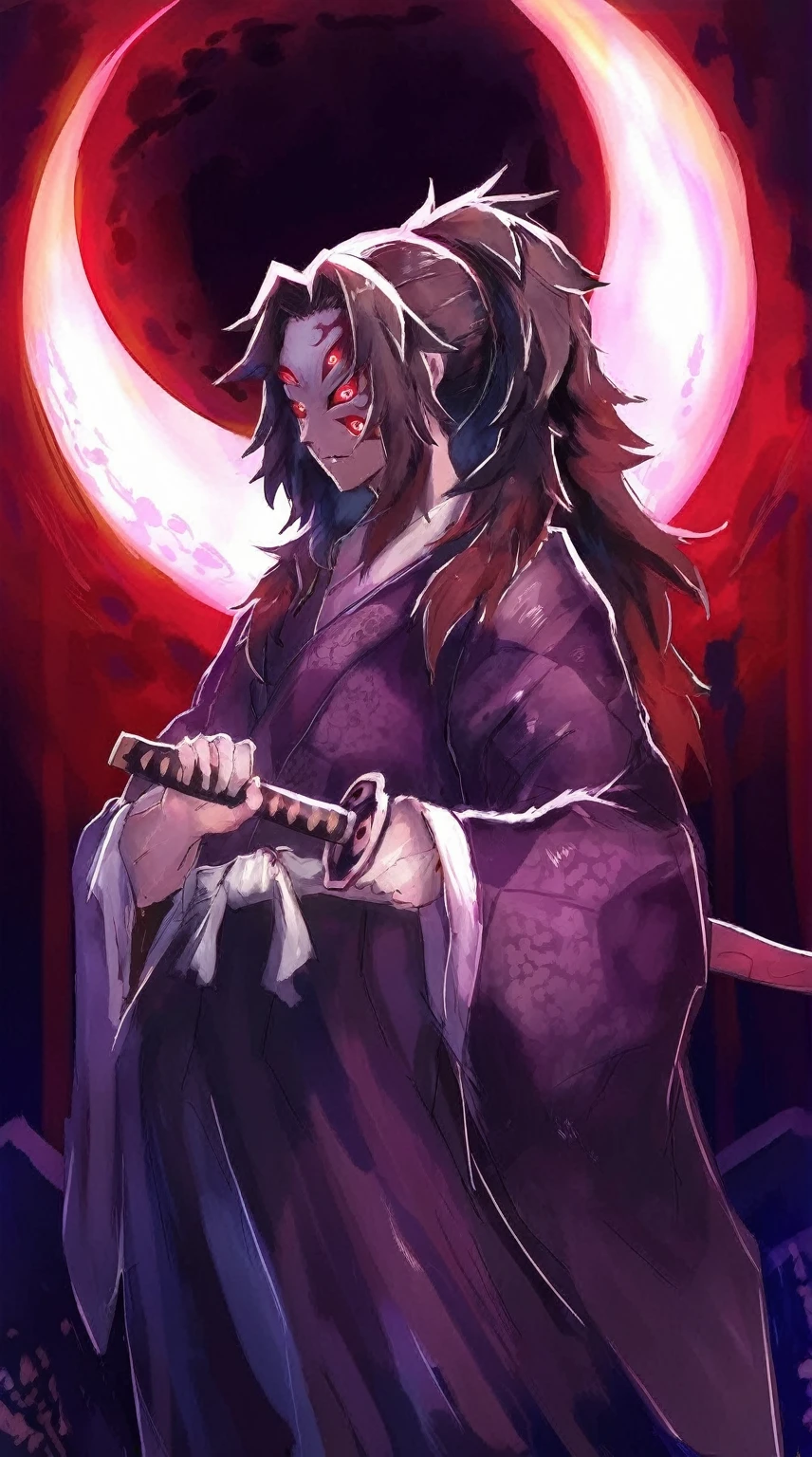 a close up of a person holding a sword in front of a red moon, demon slayer artstyle, handsome guy in demon slayer art, demon samurai, beautiful male god of death, demon slayer rui fanart, itatchi uchiha, demon samurai warrior, onmyoji portrait, madara uchiha, akiyuki shinbou, add shadow, light, dark, 6 eye's