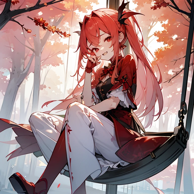 Highest quality、Accurate anatomy、Intact limbs、Accurate Fingers、Accurate Fingersの本数、4K、Vampire、One Girl、Red Mesh、Park in the evening、Sitting on a swing、Double teeth