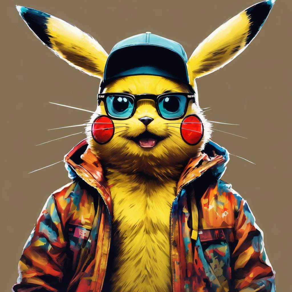 pikachu, wearing colored glasses, wearing jacket, cap, led shock beams, humanoid front , Art abstract, no estilo Alex Petruk