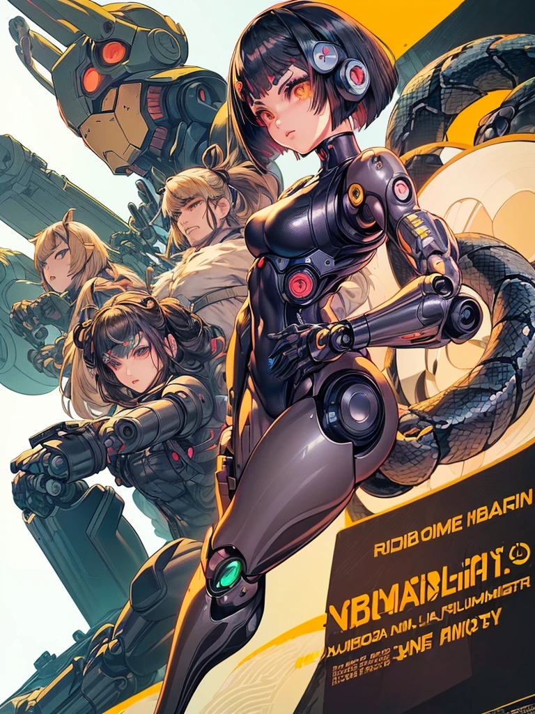 ((High quality)), (((Anime girl))), ((furry)), ((((Anime art style)))), ((half human half snake hybrid)), ((((Robotic arms and legs)))), (((Metal Gear Solid Art style))) (((Messy bob-cut with bangs))), (((rounded anime eyebrows))), (((Anime snake eyes))), (((limbless female body)))