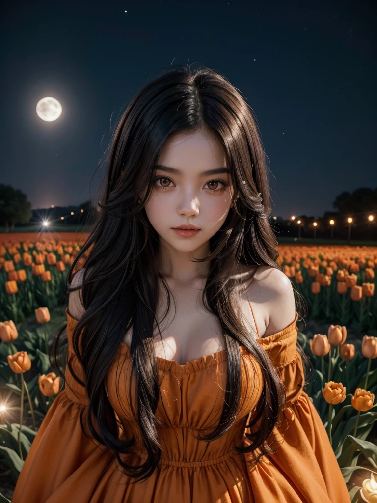 tulip oranges a beautiful girl long wavy black hair, dark eyes, orange low cut v dress on a beautiful moonlit starry night
