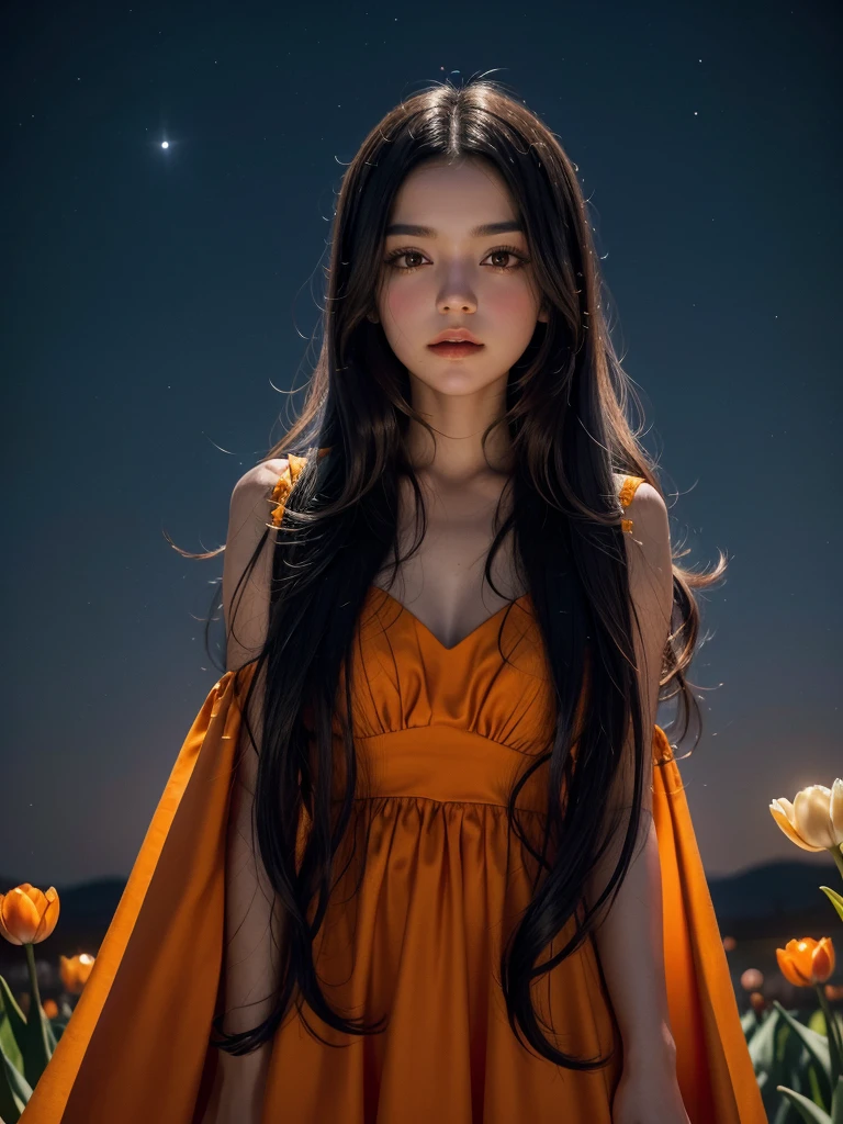 tulip oranges a beautiful girl long wavy black hair, dark eyes, orange low cut v dress on a beautiful moonlit starry night