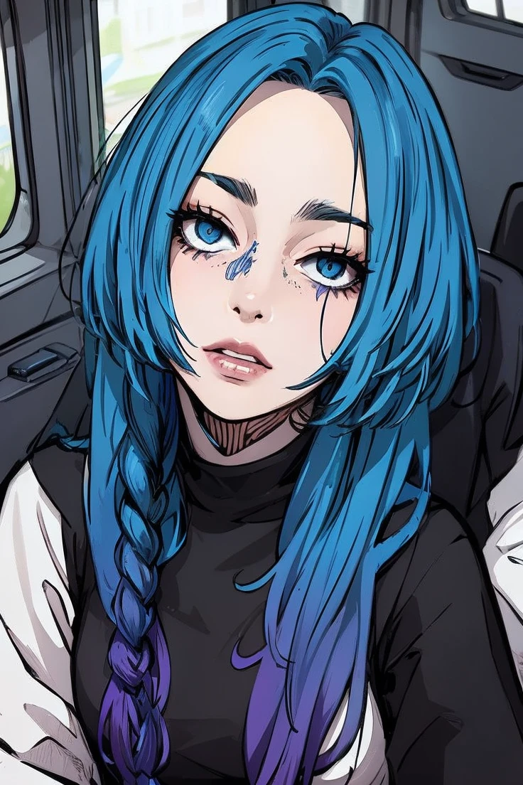 Portrait of woman with blue hair with purple highlights on the ends sitting in a van