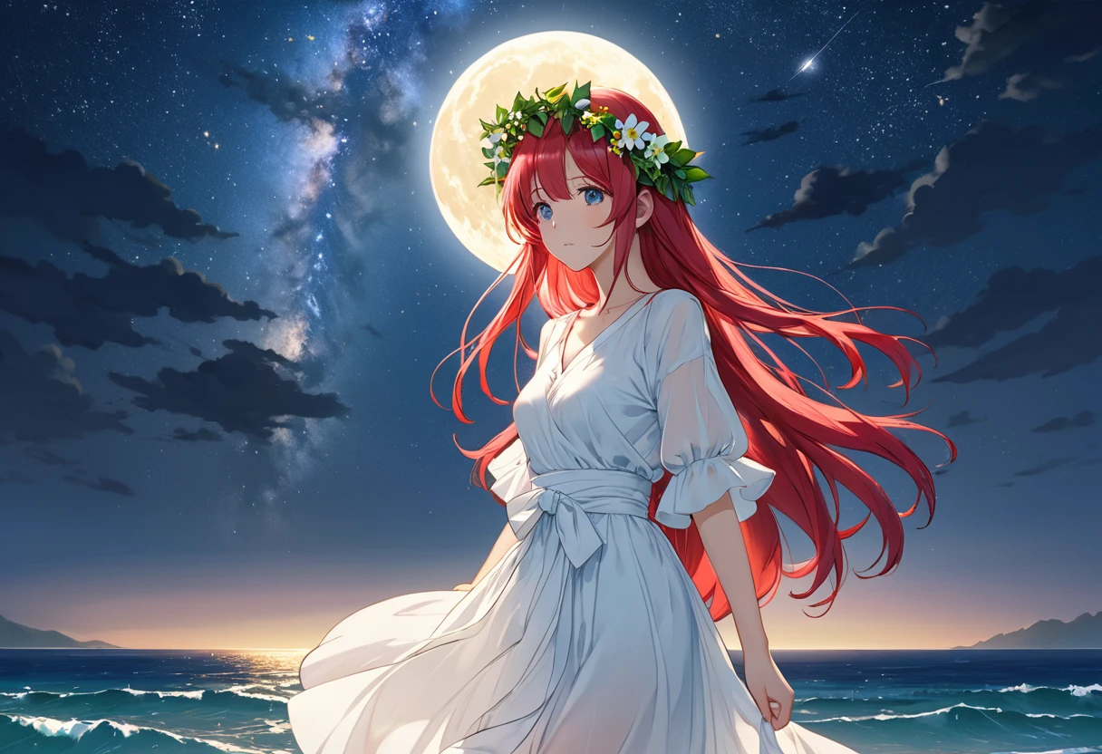 純whiteの少女は氷のような翡翠色ではない.. Her long hibiscus hair reaches down to her waist... 彼女は金属の縁取りが施されたシルクのエレガントなwhiteいストッキングを履いている。.。.（white, Translucent meat） Embarrassed look。Spoony。 Setting up the scene: A bright moon rises over the sea，The end of the world is now（Beautiful starry sky and Milky Way） Wearing a wreath on her head, A dreamlike wind blew her clothes away..