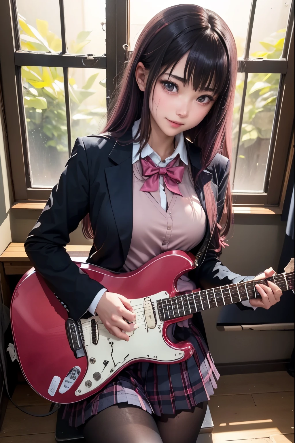 High school girl blazer、 uniform、Red checked knee-length skirt、Long skirt、JK Style、Jacket、smile、Knee-high socks、Thigh-high socks、pantyhose、A superb beauty、Super cute、ennui、Rare beauty、Twin tail hair、Black Dark Eyeshadow、Sad、Good skin glow、Long hair straightener、Dark Gothic Makeup、Dark Smile、Fragrant beauty、Stained glass background、Mastepiece、Best Quality、Refers to 5 books、Sweat glistening on my chest、Sweat glistening on my face、Small breasts、Dark pink hair、Age 22 years old、Slightly slim、Mysterious look、A sad expression、Pink Hair、mysterious gothic church、enchanting castle、Sweating profusely all over the body、A lot of sweat and light on the thighs、Shiny thighs、Plenty of sweat glistening on the thighs、A large amount of sweat glistens on my thighs、Sweating profusely、Gal、Small breasts、japanese face、Alluring expression、Thin thighs、Playing guitar、I have a guitar、Sing a song enthusiastically、Playing guitar in a band、Playing guitar chords、Live House Background、Sing a song、Open your mouth、Live house scenery、Looking down a little、Mike stand、