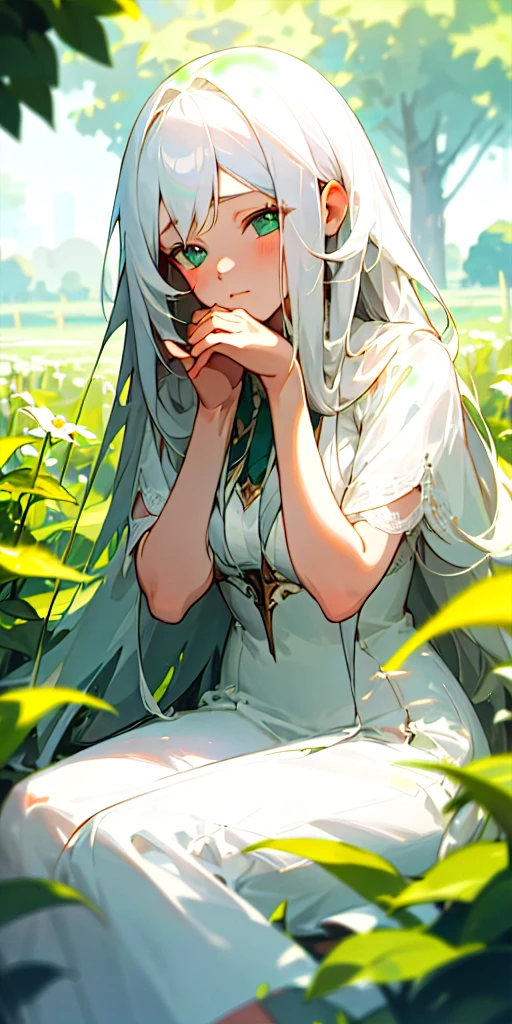 (masterpiece, best quality),1girl with long white hair sitting in a field of green plants and flowers, her hand under her chin, warm lighting, white dress, blurry foreground