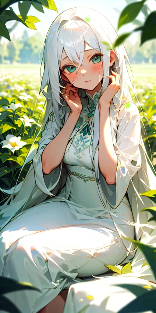 (masterpiece, best quality),1girl with long white hair sitting in a field of green plants and flowers, her hand under her chin, warm lighting, white dress, blurry foreground