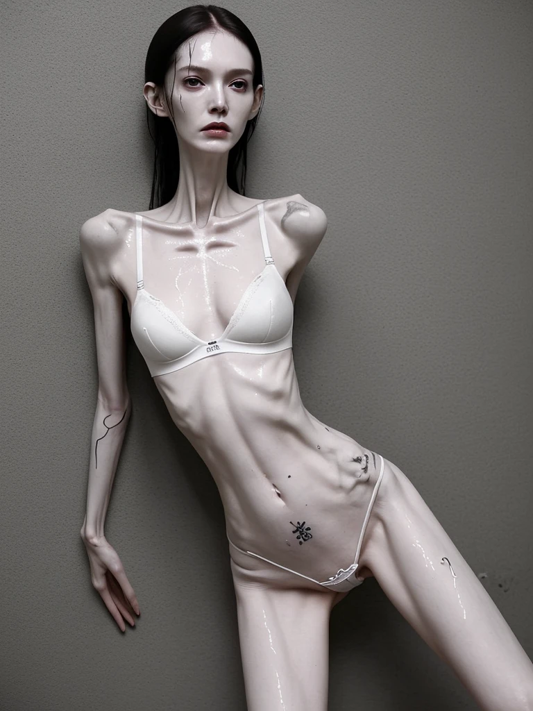 a woman, very thin body, body visible bones, very slender, sweaty wet body, pale white skin, panties, bra,tatto, full body, has a mental breakdown in an underground prison
