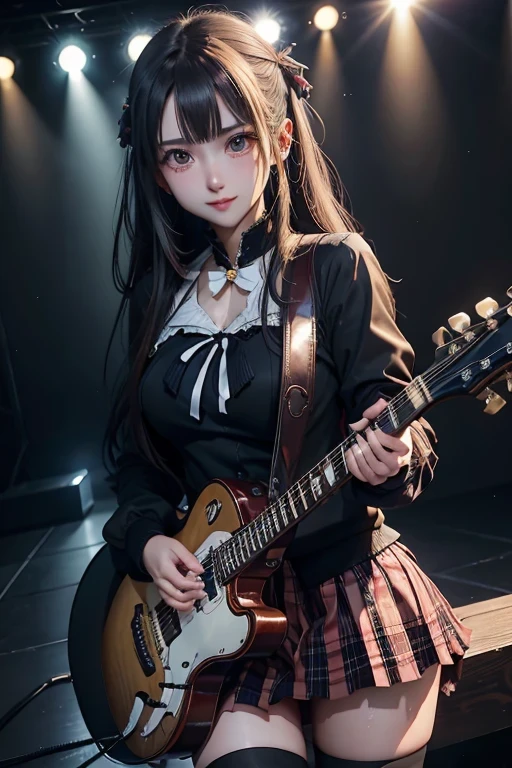 High school girl blazer、 uniform、Red checked knee-length skirt、Long skirt、JK Style、Jacket、smile、Knee-high socks、Thigh-high socks、pantyhose、A superb beauty、Super cute、ennui、Rare beauty、Black Dark Eyeshadow、Good skin glow、Long hair straightener、Dark Gothic Makeup、Dark Smile、Fragrant beauty、Stained glass background、Mastepiece、Best Quality、Refers to 5 books、Sweat glistening on my chest、Sweat glistening on my face、Small breasts、Golden Hair、Age 19 years old、Slightly slim、Mysterious look、A sad expression、Gold Hair、Sweating profusely all over the body、A lot of sweat and light on the thighs、Shiny thighs、Plenty of sweat glistening on the thighs、A large amount of sweat glistens on my thighs、Sweating profusely、Gal、japanese face、Alluring expression、Thin thighs、Playing guitar、I have a guitar、Sing a song enthusiastically、Playing guitar in a band、Playing guitar chords、Live House Background、Sing a song、Open your mouth、Live house scenery、Mike stand、Glamorous live stage、Dynamic Angle、Platform boots、Are standing、Hime cut hair、Gothloli 、Glossy straight hair、GAL Makeup、