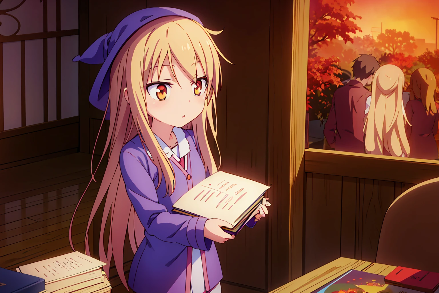 Teenage anime girl, Shiina Mashiro, Mashiro, Sakurasou anime, long blonde hair, orange eyes, expressionless, , witch outfit, magic book, Wooden room, Pictures, posters