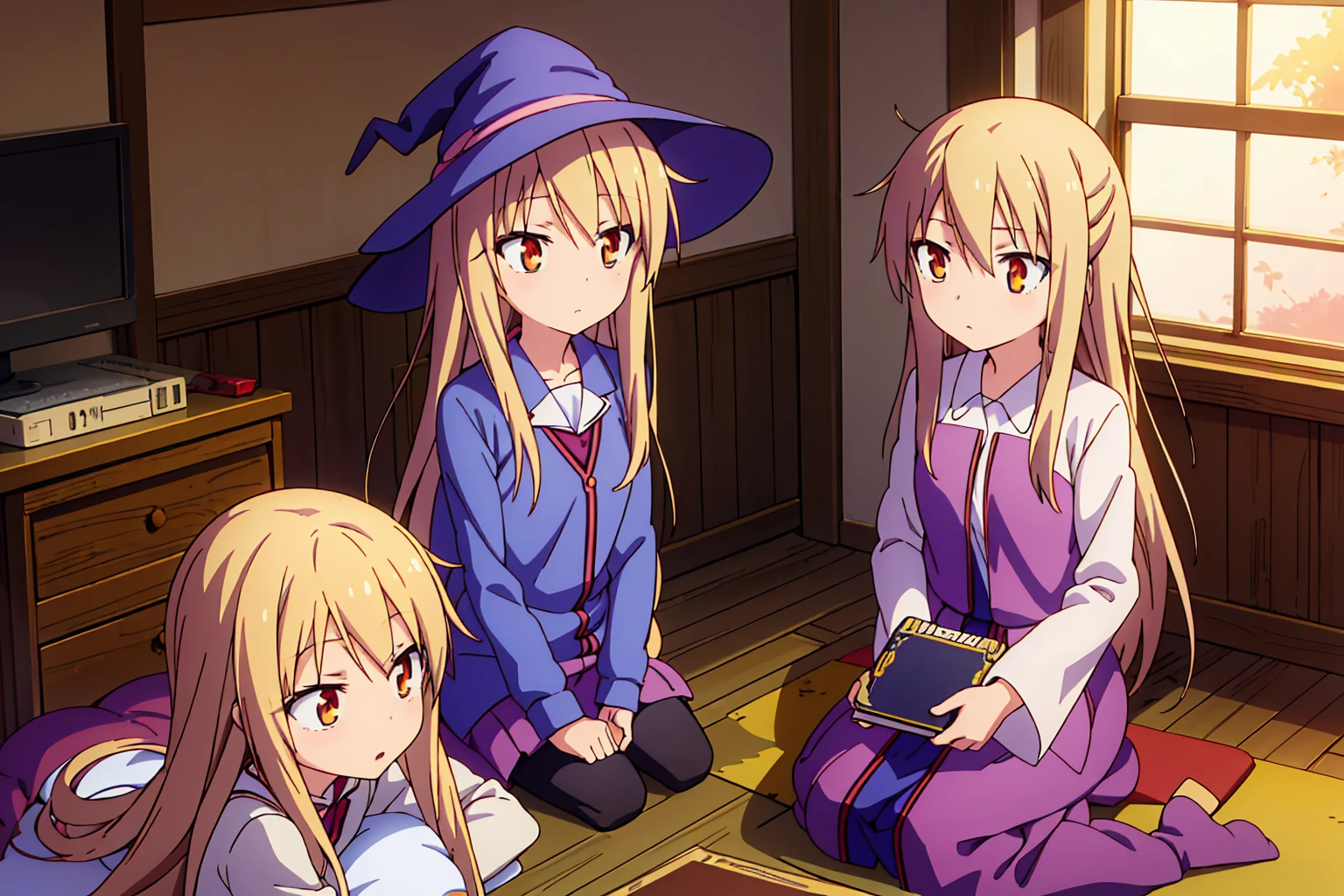  anime girl, Shiina Mashiro, Mashiro, Sakurasou anime, long blonde hair, orange eyes, expressionless, , witch outfit, magic book, Wooden room, Pictures, posters