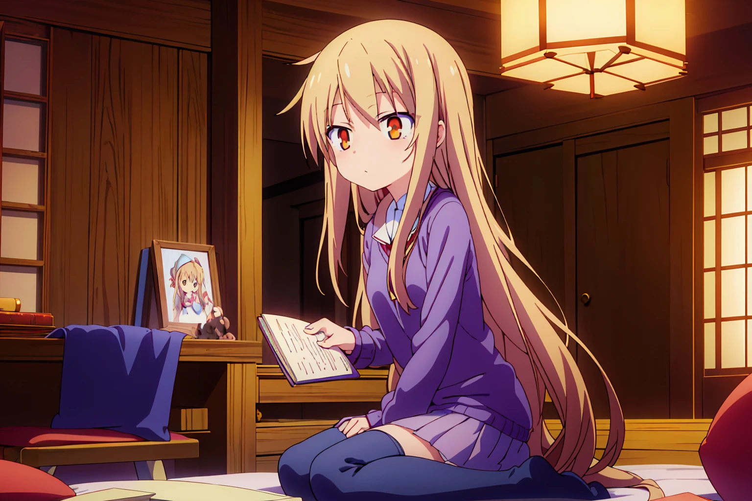  anime girl, Shiina Mashiro, Mashiro, Sakurasou anime, long blonde hair, orange eyes, expressionless, , witch outfit, magic book, Wooden room, Pictures, posters