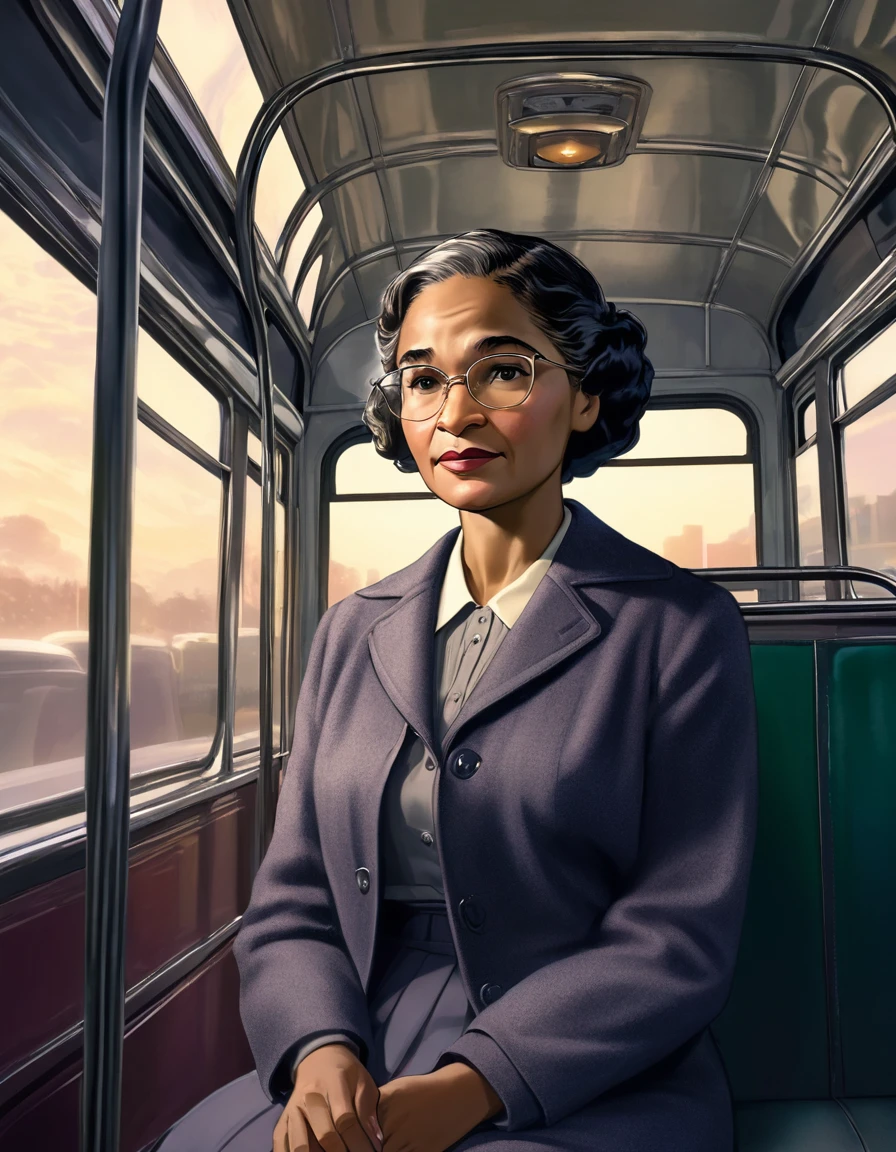 Rosa Parks sitting on a bus, looking steadily ahead with an expression of serenity and determination, with attention to detail in lighting and facial features. The background shows the interior of an old bus.