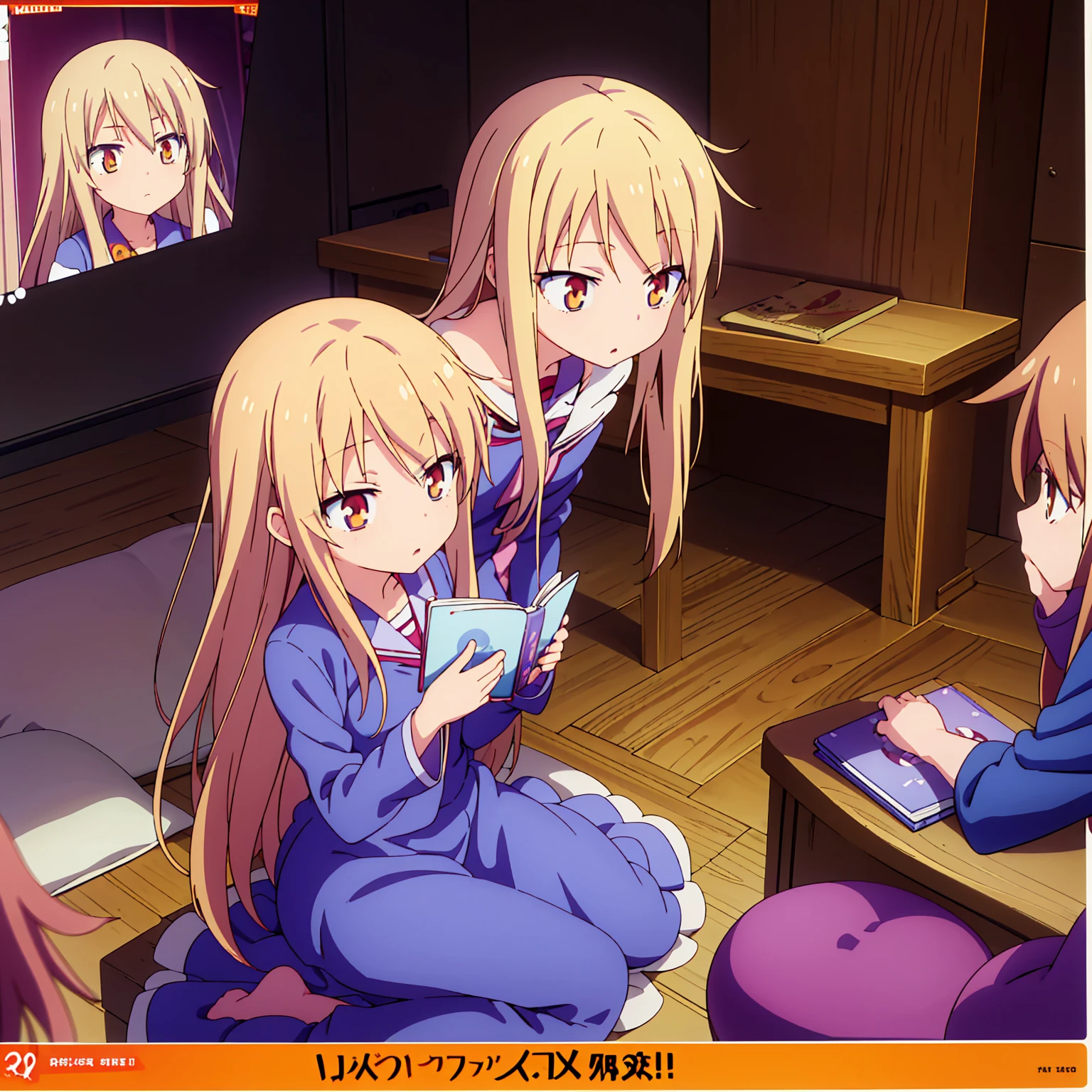 Teenage anime girl, Shiina Mashiro, Mashiro, Sakurasou anime, long blonde hair, orange eyes, expressionless, , witch outfit, magic book, Wooden room, Pictures, posters