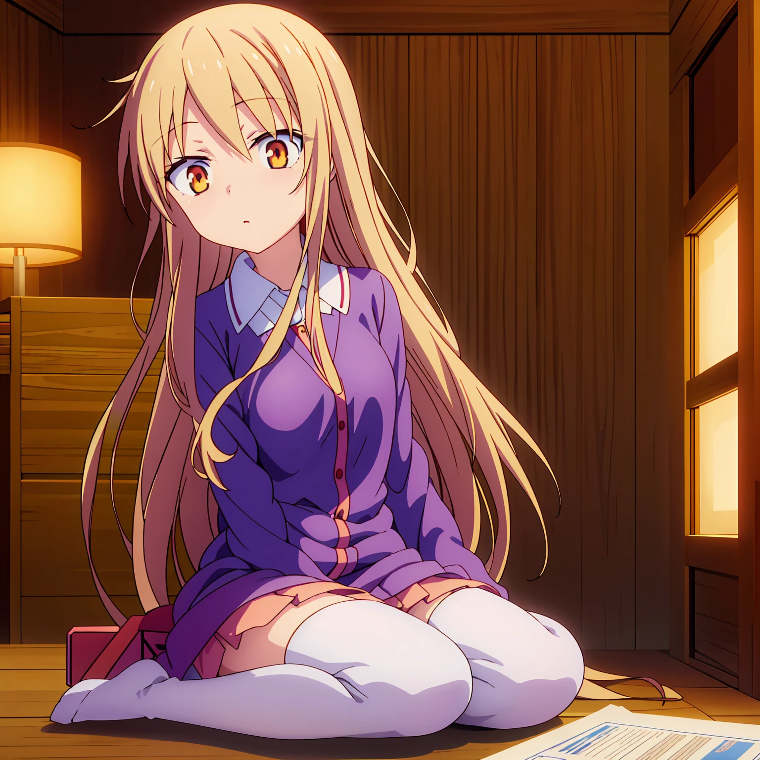 Teenage anime girl, Shiina Mashiro, Mashiro, Sakurasou anime, long blonde hair, orange eyes, expressionless, , witch outfit, magic book, Wooden room, Pictures, posters