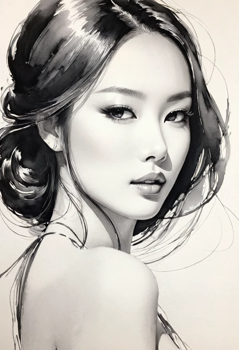 Elegant Maiden,Black and White水墨画,Pen sketch,Gentle brushstrokes,Draw delicate lines with a pen,Fluid Action,Subtle ink shades,Graceful posture,Peaceful look,Delicate facial features,Black and White,clean