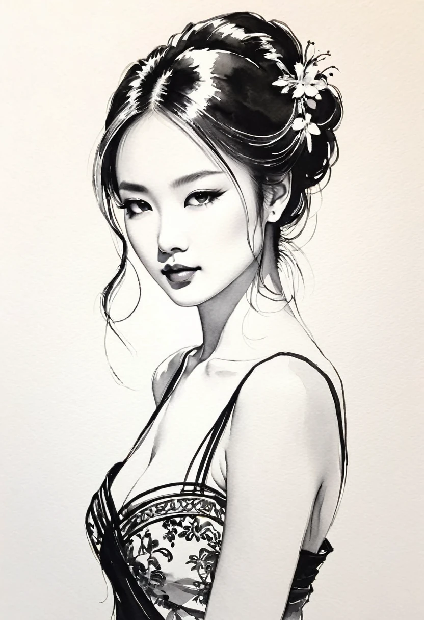 Elegant Maiden，Black and White水墨画，Pen sketch，Gentle brushstrokes，Draw delicate lines with a pen，Fluid Action，Subtle ink shades，Graceful posture，Peaceful look，Delicate  features，Black and White，clean