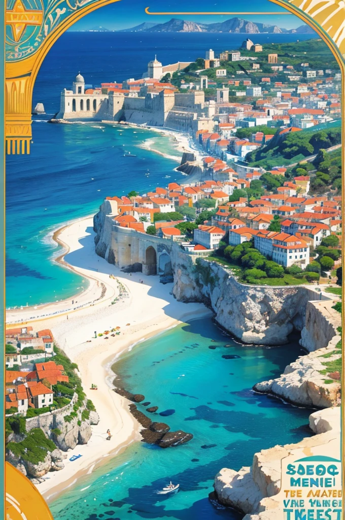 "A hand-drawn, vintage-style travel poster promoting a Mediterranean beach. The scene features clear blue water, white sandy beaches, and iconic architecture in the background."
