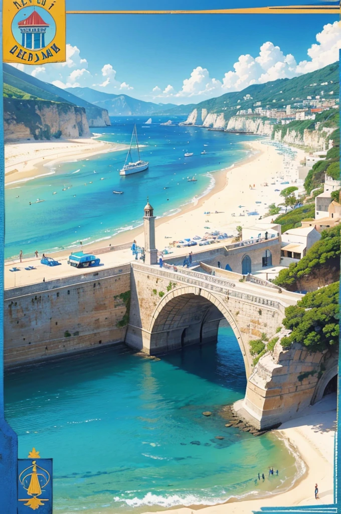 "A hand-drawn, vintage-style travel poster promoting a Mediterranean beach. The scene features clear blue water, white sandy beaches, and iconic architecture in the background."
