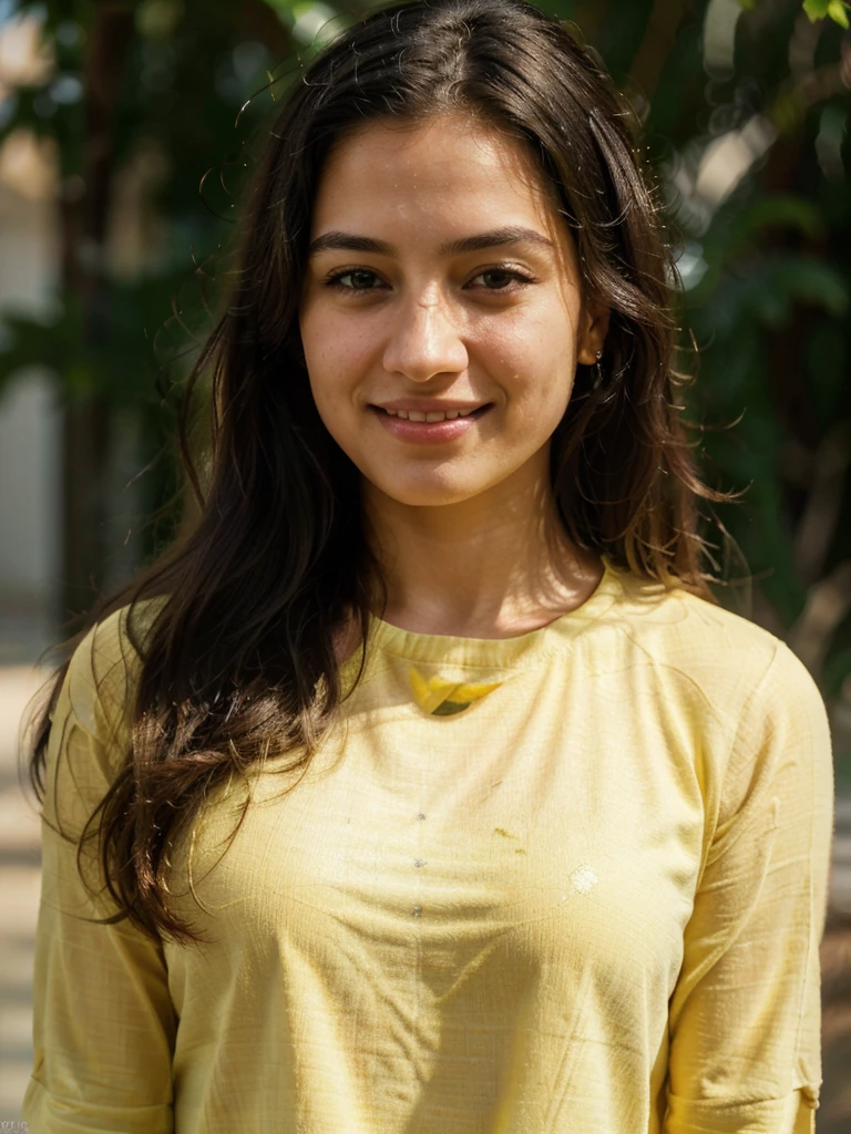 a beautiful 20yo arabic woman, 1girl, bright yellow shirt, cute smile, cute face, light brown eyes, black long hair, modest, (best quality,4k,8k,highres,masterpiece:1.2),ultra-detailed,(realistic,photorealistic,photo-realistic:1.37),HDR,UHD,studio lighting,ultra-fine painting,sharp focus,physically-based rendering,extreme detail description,professional,vivid colors,bokeh,portraits