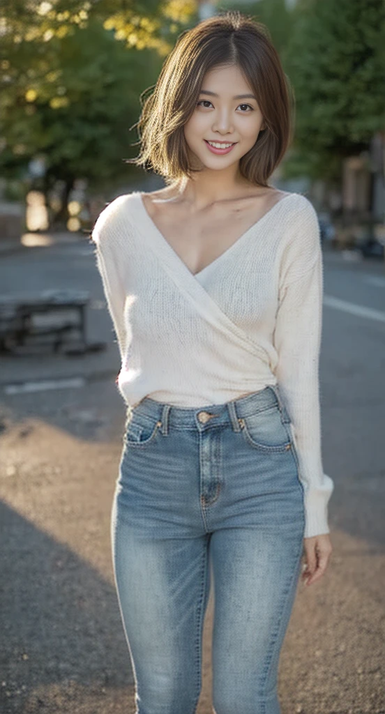 （Ultra-high resolution，RAW photogr，8K,k hd，Best quality，tmasterpiece:1.5），（Complicated details，realisticlying），1 very beautiful woman, age 22, 独奏, A high resolution, Extremely detailed face, (Professional lighting，bokeh），（light particules，lens flare glow，Luminous Particle：0.6），gentlesoftlighting，Trendy atmosphere，jpn，the street，Stylish short hair，bobo head， A brown-haired, Hair is delicate and soft，Fluttering, cparted lips, lipsticks,  smile, ssmile, Open-mouthed, teeth, There are small dimples，White swan neck，Shave your shoulders, Bigchest，（petite，Golden ratio figure），Wear one（blue gray）（tight-fitting，Wrap tightly around the body）Sweaters, (Wash blue）（Fashion jeans),（detailed outfits:1.5）， double eyelid，long eyelasher, birthmark, (Moles under eyes: 1),  Thin waist，Beautiful ，The calves are well-proportioned, slenderness:1.2，A pair of small white and tender jade feet，Beautiful toes:1.5，Wear stylish sandals，（Coquettish and playful beautiful pose），Female-centered focus photography，The waist and  are the focus，Broad lighting，naturalshadow，wide wide shot，close focus，shooting full body:1.8,fully body photo:1.8