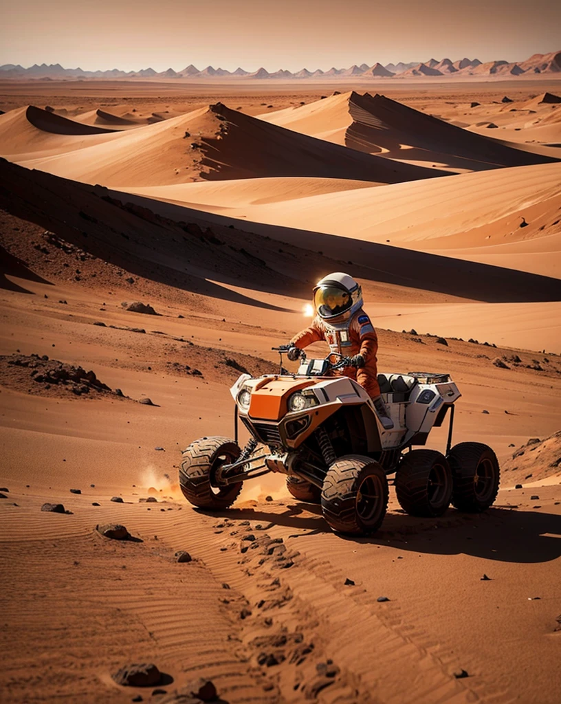 An awe-inspiring scene on Mars where three astronauts have just arrived on the red planet in a spacecraft resembling an advanced rover. The Martian landscape is barren, filled with reddish sand dunes under a dusty, orange-hued sky. The spacecraft is sturdy, with large wheels and extended solar panels, designed for navigating rough terrain. The astronauts, clad in white spacesuits with reflective helmets, are exiting the vehicle and taking in the breathtaking view, filled with a sense of wonder and accomplishment. In the background, the Martian horizon with mountains and valleys can be seen, with a faint Earth visible in the distant sky.
