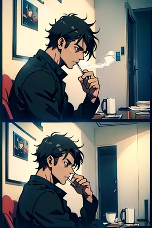 Guy with short black hair smoking , manga page with panels and dialogue  