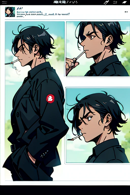 Guy with short black hair smoking , manga page with panels and dialogue  