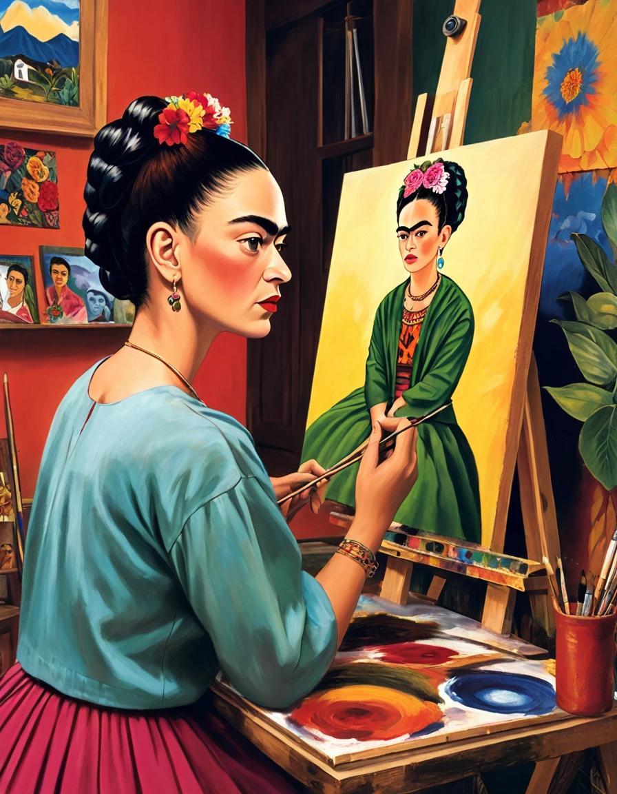 Photograph of Frida Kahlo posing nude painting a Frida Kahlo painting