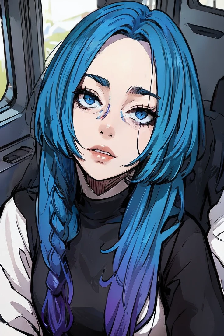 Portrait of woman with blue hair with purple highlights on the ends sitting in a van