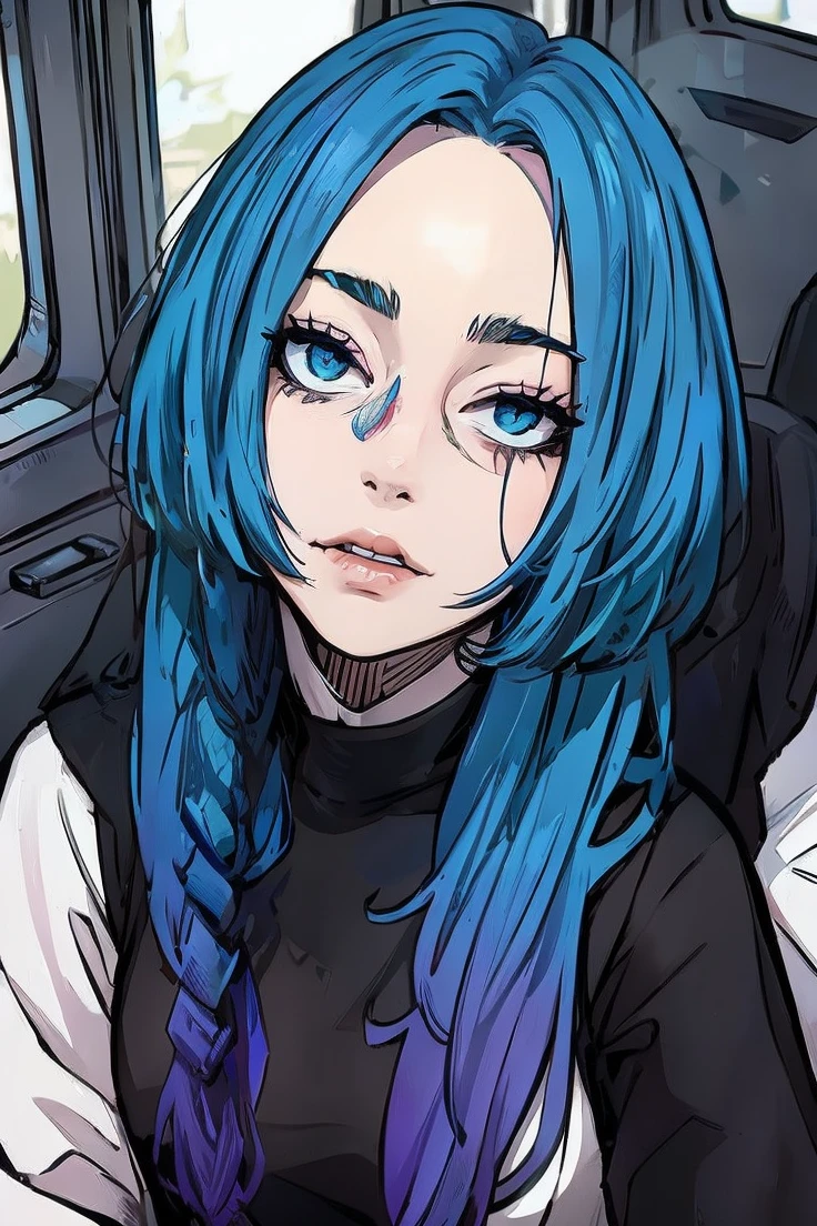Portrait of woman with blue hair with purple highlights on the ends sitting in a van