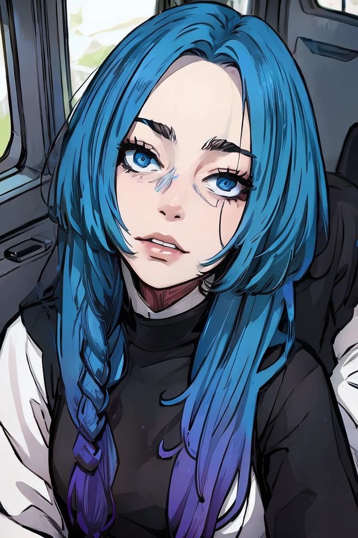 Portrait of woman with blue hair with purple highlights on the ends sitting in a van