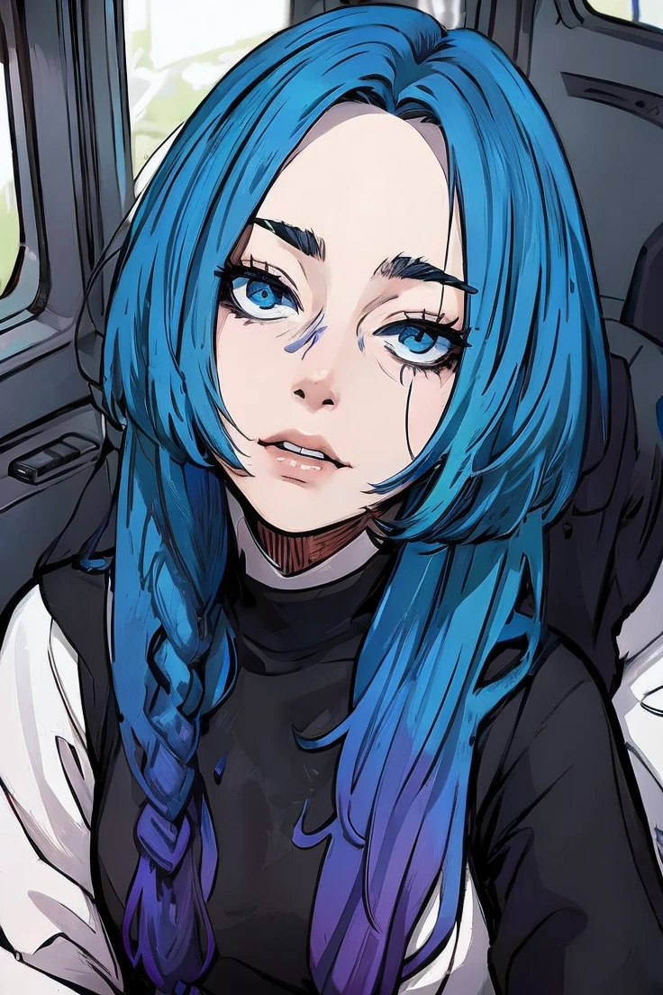 Portrait of woman with blue hair with purple highlights on the ends sitting in a van