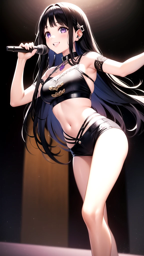(A superb exquisite Chitanda Eru), (mature face), intricate details, (finely detailed beautiful eyes: 1.2), purple eyes, long black hair, natural straight hair, straight bangs, solo, [Small_breasts: large_breasts: 0.5], extremely delicate, peerless beautiful girl, dreamy quality, solid color, bright lips, slender waist, straight curves, soft lights and shadows, super fine, 8K HD, (masterpiece:1.4), (((sexy smile, singing, punk clothes, idol, rock, show dance)))