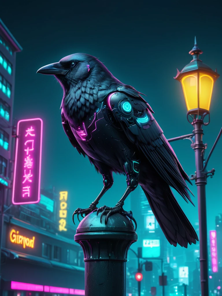 cyberpunk crow on lamp post, dark dynamic pose, cityscape with neon lights, night scene, teal, magenta, yellow, (masterpiece:1.2), (best quality,4k,8k,highres,ultra-detailed:1.37), (hyperdetailed, highest detailed:1.2), high resolution textures, 